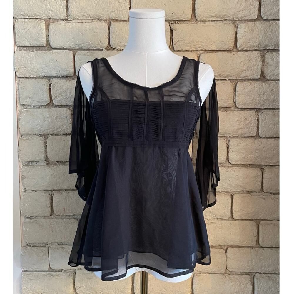 Leon Max for Max Studio Black Silk Sheer Pleated Cold-Shoulder Blouse Size Small